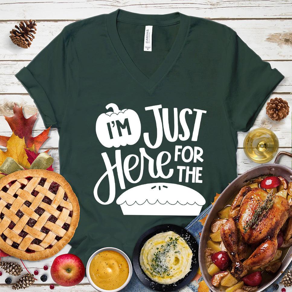 I'm Just Here For The Pie Version 2 V-Neck Forest - Humorous 'I'm Just Here For The Pie' text on V-neck tee, ideal for casual style lovers.