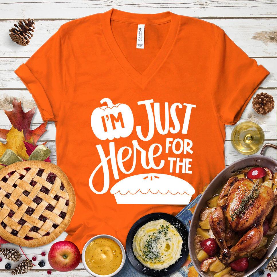 I'm Just Here For The Pie Version 2 V-Neck Orange - Humorous 'I'm Just Here For The Pie' text on V-neck tee, ideal for casual style lovers.