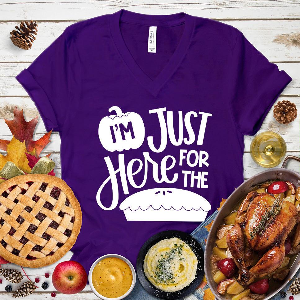 I'm Just Here For The Pie Version 2 V-Neck Team Purple - Humorous 'I'm Just Here For The Pie' text on V-neck tee, ideal for casual style lovers.
