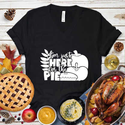I'm Just Here For The Pie Version 3 V-Neck Black - Casual V-Neck T-Shirt with 'I'm Just Here For The Pie' print, perfect for food lovers and humorous occasions.