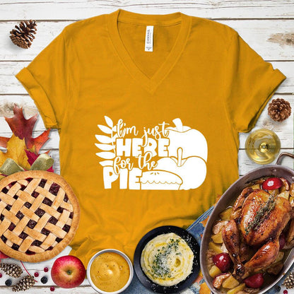 I'm Just Here For The Pie Version 3 V-Neck Mustard - Casual V-Neck T-Shirt with 'I'm Just Here For The Pie' print, perfect for food lovers and humorous occasions.