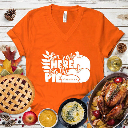 I'm Just Here For The Pie Version 3 V-Neck Orange - Casual V-Neck T-Shirt with 'I'm Just Here For The Pie' print, perfect for food lovers and humorous occasions.