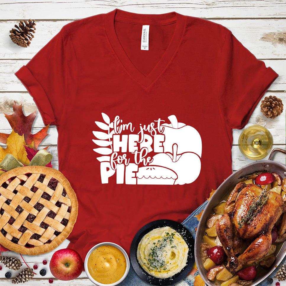 I'm Just Here For The Pie Version 3 V-Neck Red - Casual V-Neck T-Shirt with 'I'm Just Here For The Pie' print, perfect for food lovers and humorous occasions.