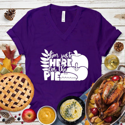 I'm Just Here For The Pie Version 3 V-Neck Team Purple - Casual V-Neck T-Shirt with 'I'm Just Here For The Pie' print, perfect for food lovers and humorous occasions.