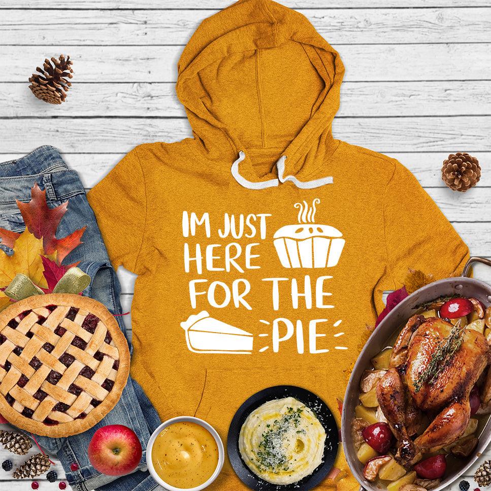 I'm Just Here for the Pie Hoodie Heather Mustard - Humorous hoodie with 'I'm Just Here for the Pie' slogan and pie graphic, perfect for casual wear.