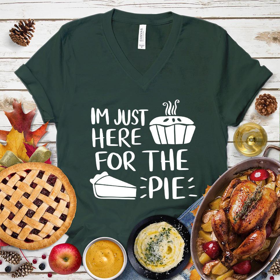 I'm Just Here for the Pie V-Neck Forest - Whimsical pie-themed graphic V-neck T-shirt with playful quote for food and fashion enthusiasts.