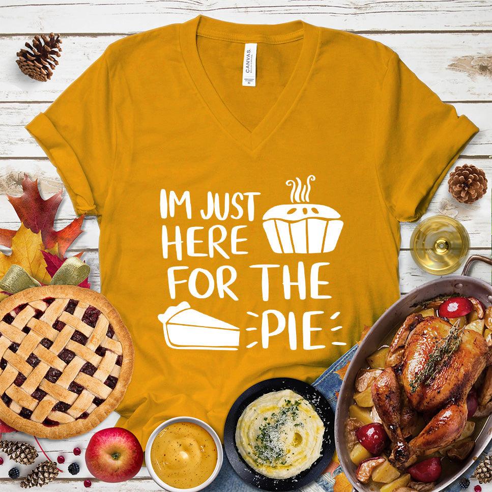 I'm Just Here for the Pie V-Neck Mustard - Whimsical pie-themed graphic V-neck T-shirt with playful quote for food and fashion enthusiasts.