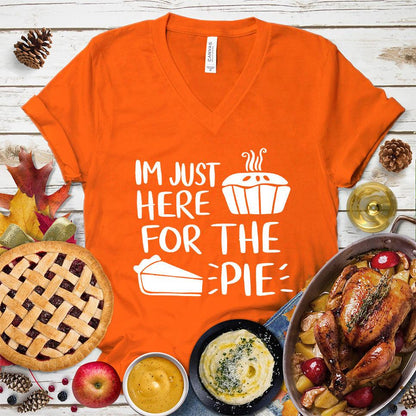 I'm Just Here for the Pie V-Neck Orange - Whimsical pie-themed graphic V-neck T-shirt with playful quote for food and fashion enthusiasts.