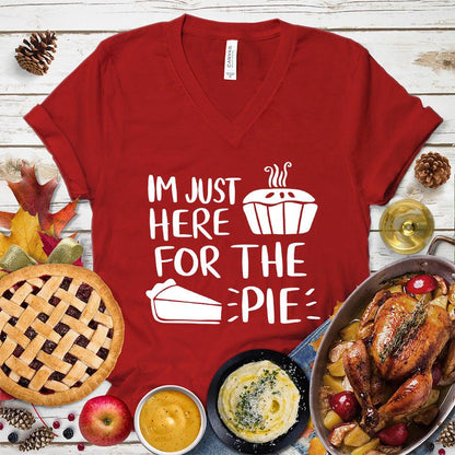 I'm Just Here for the Pie V-Neck Red - Whimsical pie-themed graphic V-neck T-shirt with playful quote for food and fashion enthusiasts.