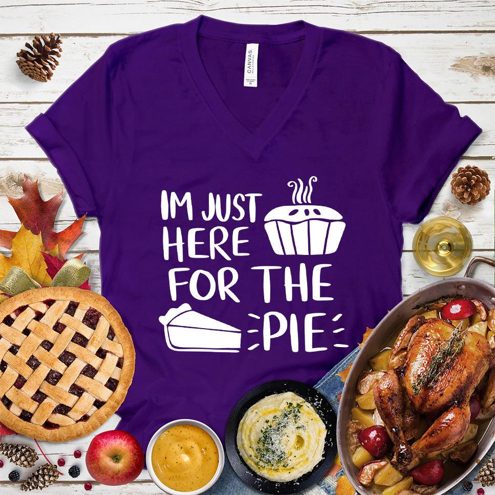 I'm Just Here for the Pie V-Neck Team Purple - Whimsical pie-themed graphic V-neck T-shirt with playful quote for food and fashion enthusiasts.
