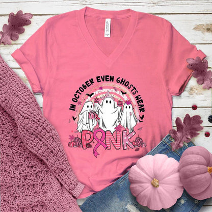 In October Even Ghosts Wear Pink V-Neck Colored Edition