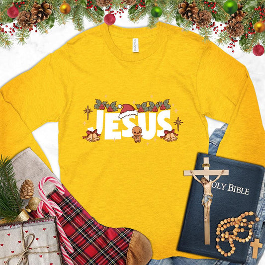 Jesus Christmas Colored Edition Long Sleeves Gold - Festive long sleeve tee with Christmas-themed Jesus design and holiday decorations