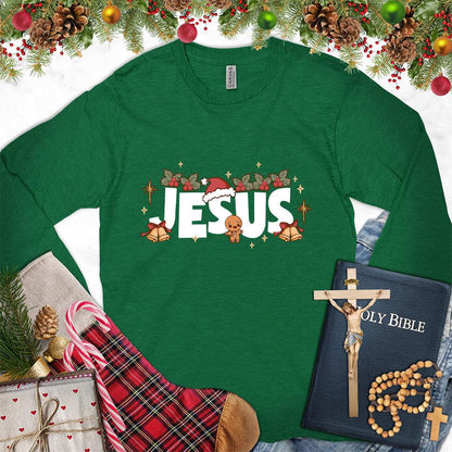 Jesus Christmas Colored Edition Long Sleeves Kelly - Festive long sleeve tee with Christmas-themed Jesus design and holiday decorations