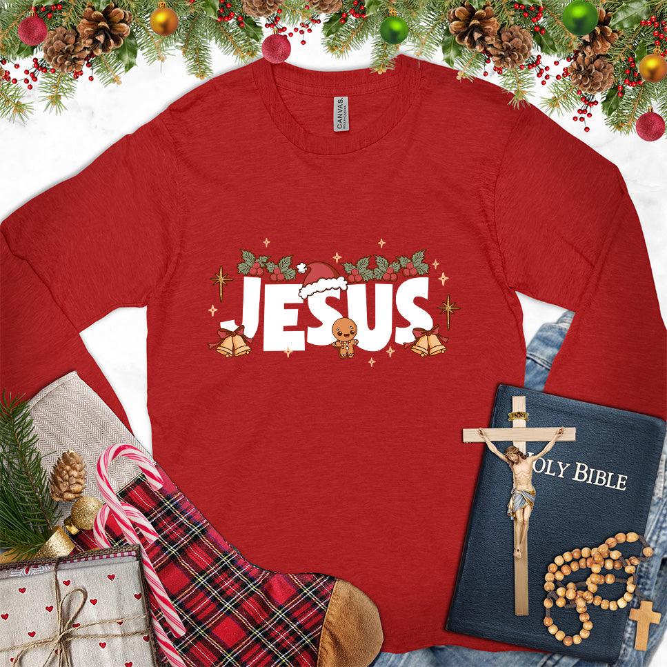 Jesus Christmas Colored Edition Long Sleeves Red - Festive long sleeve tee with Christmas-themed Jesus design and holiday decorations