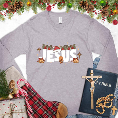 Jesus Christmas Colored Edition Long Sleeves Storm - Festive long sleeve tee with Christmas-themed Jesus design and holiday decorations
