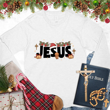 Jesus Christmas Colored Edition Long Sleeves White - Festive long sleeve tee with Christmas-themed Jesus design and holiday decorations