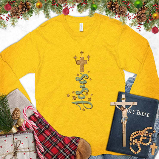 Jesus Cross Version 2 Colored Edition Long Sleeves Gold - Artistic Jesus Cross design on long sleeve tee shirt with faith-inspired motifs