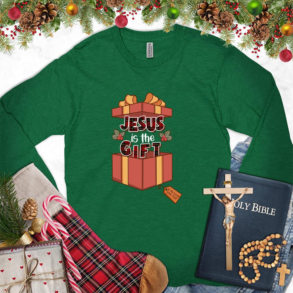 Jesus Is The Gift Colored Edition Long Sleeves Kelly - Long sleeve tee with 'Jesus is the Gift' design for spiritual expression