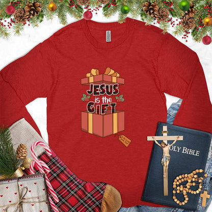 Jesus Is The Gift Colored Edition Long Sleeves Red - Long sleeve tee with 'Jesus is the Gift' design for spiritual expression
