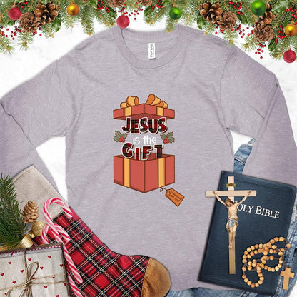 Jesus Is The Gift Colored Edition Long Sleeves Storm - Long sleeve tee with 'Jesus is the Gift' design for spiritual expression