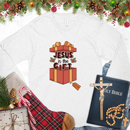 Jesus Is The Gift Colored Edition Long Sleeves White - Long sleeve tee with 'Jesus is the Gift' design for spiritual expression