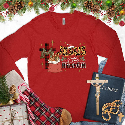 Jesus Is The Reason Colored Edition Long Sleeves Red - Long sleeve shirt with Jesus Is The Reason festive design, suitable for various occasions.