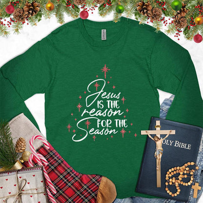 Jesus Is The Reason For The Season Colored Edition Long Sleeves Kelly - Long sleeve tee with 'Jesus Is The Reason For The Season' festive design