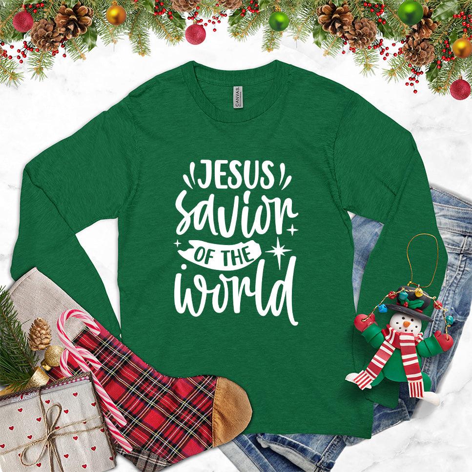 Jesus Savior Of The World Long Sleeves Kelly - Inspirational long sleeve shirt with 'Jesus, Savior of the World' message