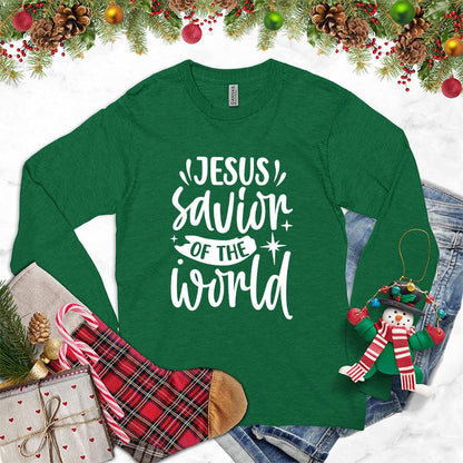 Jesus Savior Of The World Long Sleeves Kelly - Inspirational long sleeve shirt with 'Jesus, Savior of the World' message
