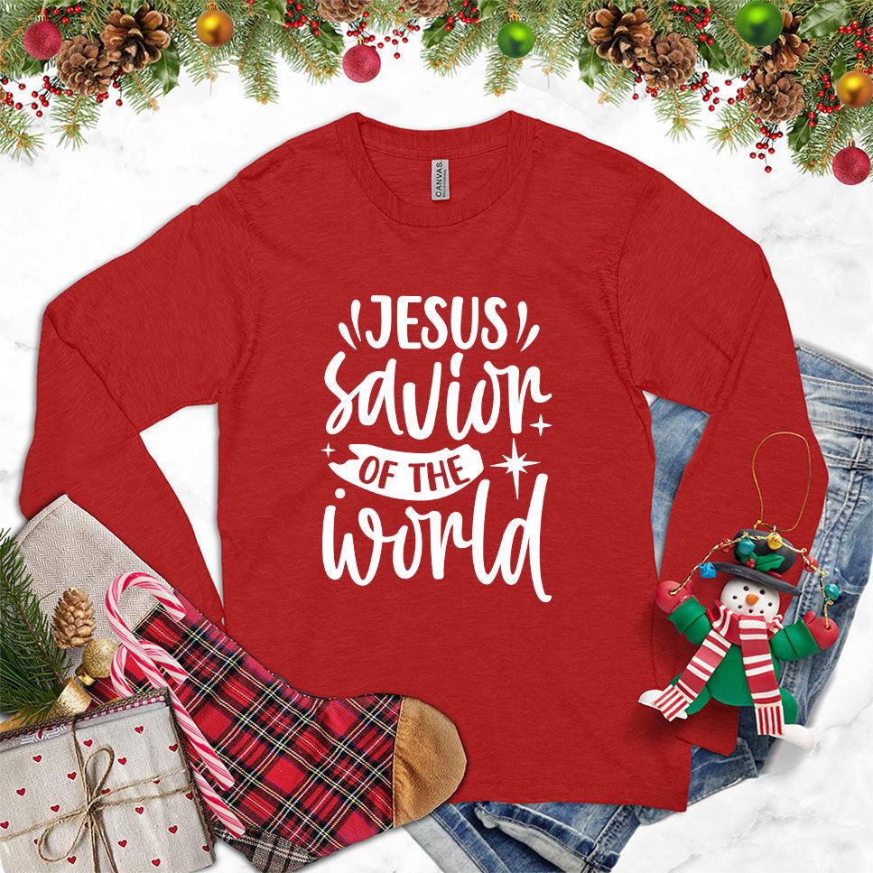 Jesus Savior Of The World Long Sleeves Red - Inspirational long sleeve shirt with 'Jesus, Savior of the World' message