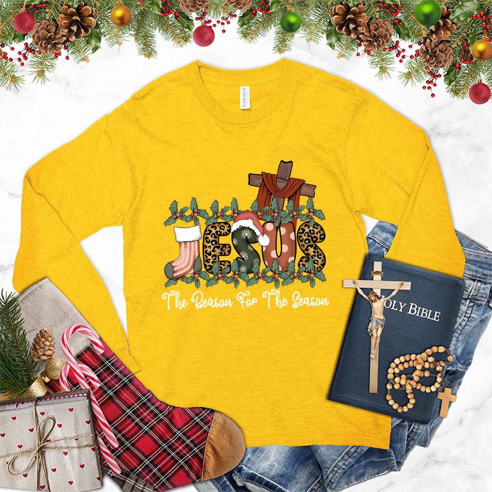 Jesus The Reason For The Season Colored Edition Long Sleeves Gold - Faith-based long sleeve shirt with Christmas-themed religious design