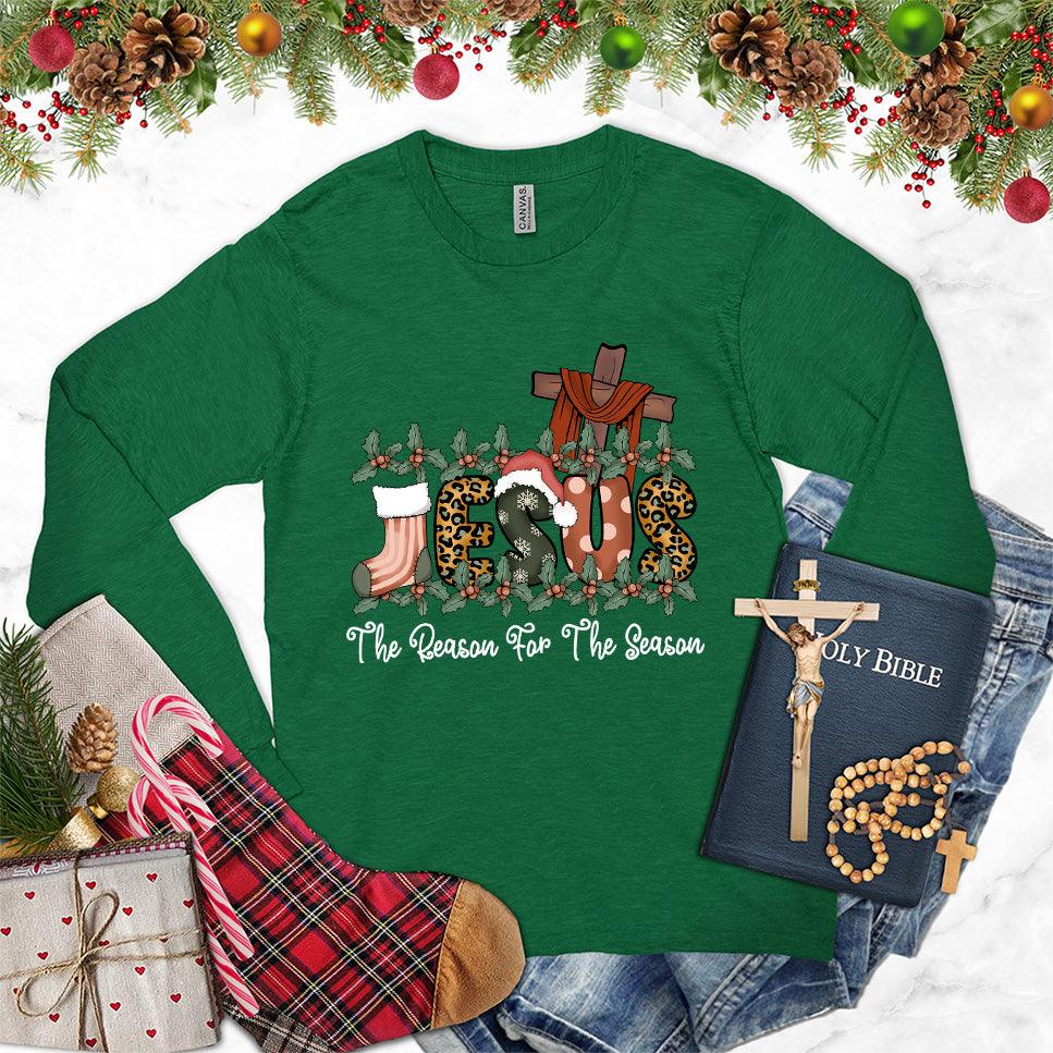 Jesus The Reason For The Season Colored Edition Long Sleeves Kelly - Faith-based long sleeve shirt with Christmas-themed religious design