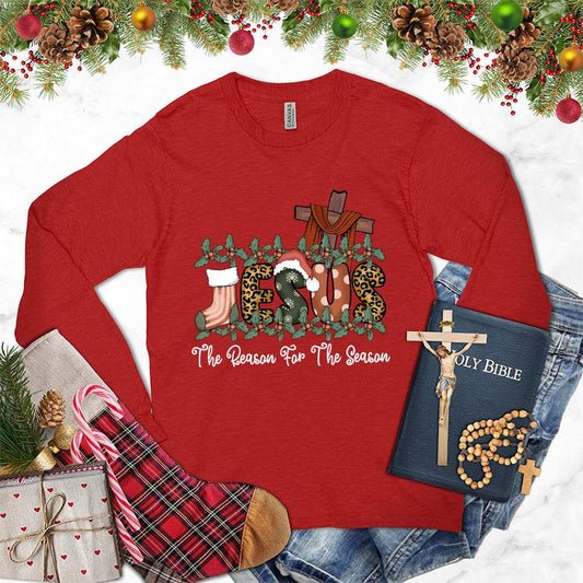 Jesus The Reason For The Season Colored Edition Long Sleeves Red - Faith-based long sleeve shirt with Christmas-themed religious design