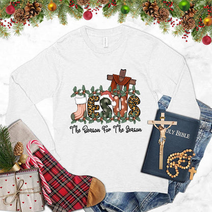 Jesus The Reason For The Season Colored Edition Long Sleeves White - Faith-based long sleeve shirt with Christmas-themed religious design