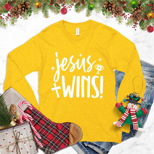 Jesus Wins Long Sleeves Gold - Inspirational long sleeve shirt with 'Jesus Wins' message in stylish typography