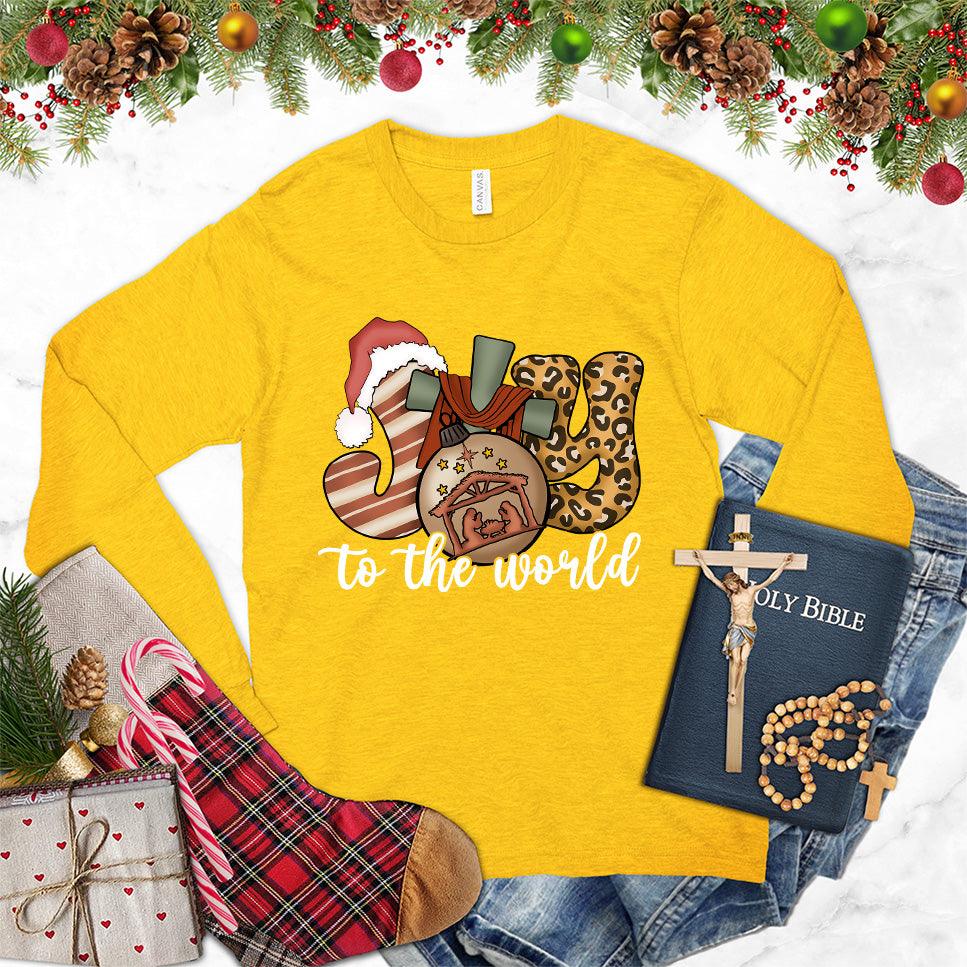 Joy To The World Version 2 Colored Edition Long Sleeves Gold - Long sleeve tee with festive Joy To The World design, holiday-themed graphics, and cozy style