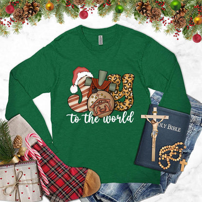 Joy To The World Version 2 Colored Edition Long Sleeves Kelly - Long sleeve tee with festive Joy To The World design, holiday-themed graphics, and cozy style