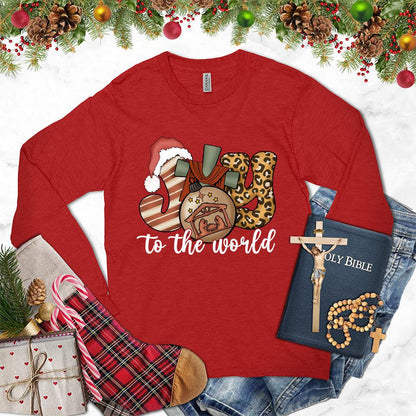 Joy To The World Version 2 Colored Edition Long Sleeves Red - Long sleeve tee with festive Joy To The World design, holiday-themed graphics, and cozy style