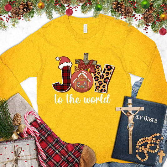 Joy To The World Version 3 Colored Edition Long Sleeves Gold - Fun holiday-themed long sleeve tee with joyful Christmas design elements