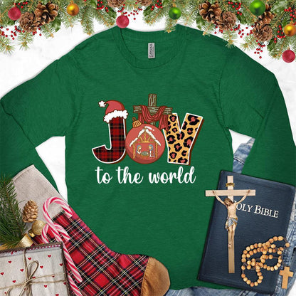 Joy To The World Version 3 Colored Edition Long Sleeves Kelly - Fun holiday-themed long sleeve tee with joyful Christmas design elements