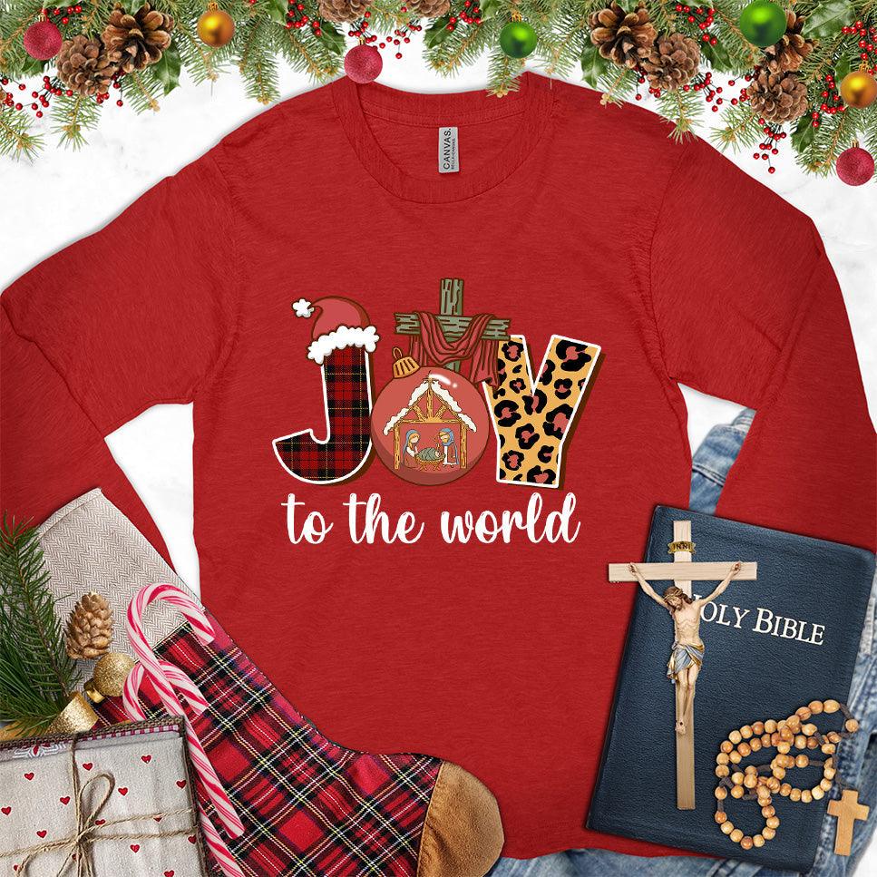 Joy To The World Version 3 Colored Edition Long Sleeves Red - Fun holiday-themed long sleeve tee with joyful Christmas design elements