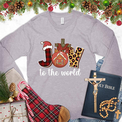 Joy To The World Version 3 Colored Edition Long Sleeves Storm - Fun holiday-themed long sleeve tee with joyful Christmas design elements