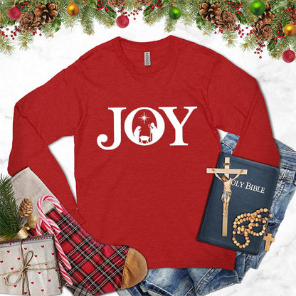 Joy Version 2 Long Sleeves Red - Trendy long sleeve shirt with "JOY" and nature-inspired graphic print for all-season wear.