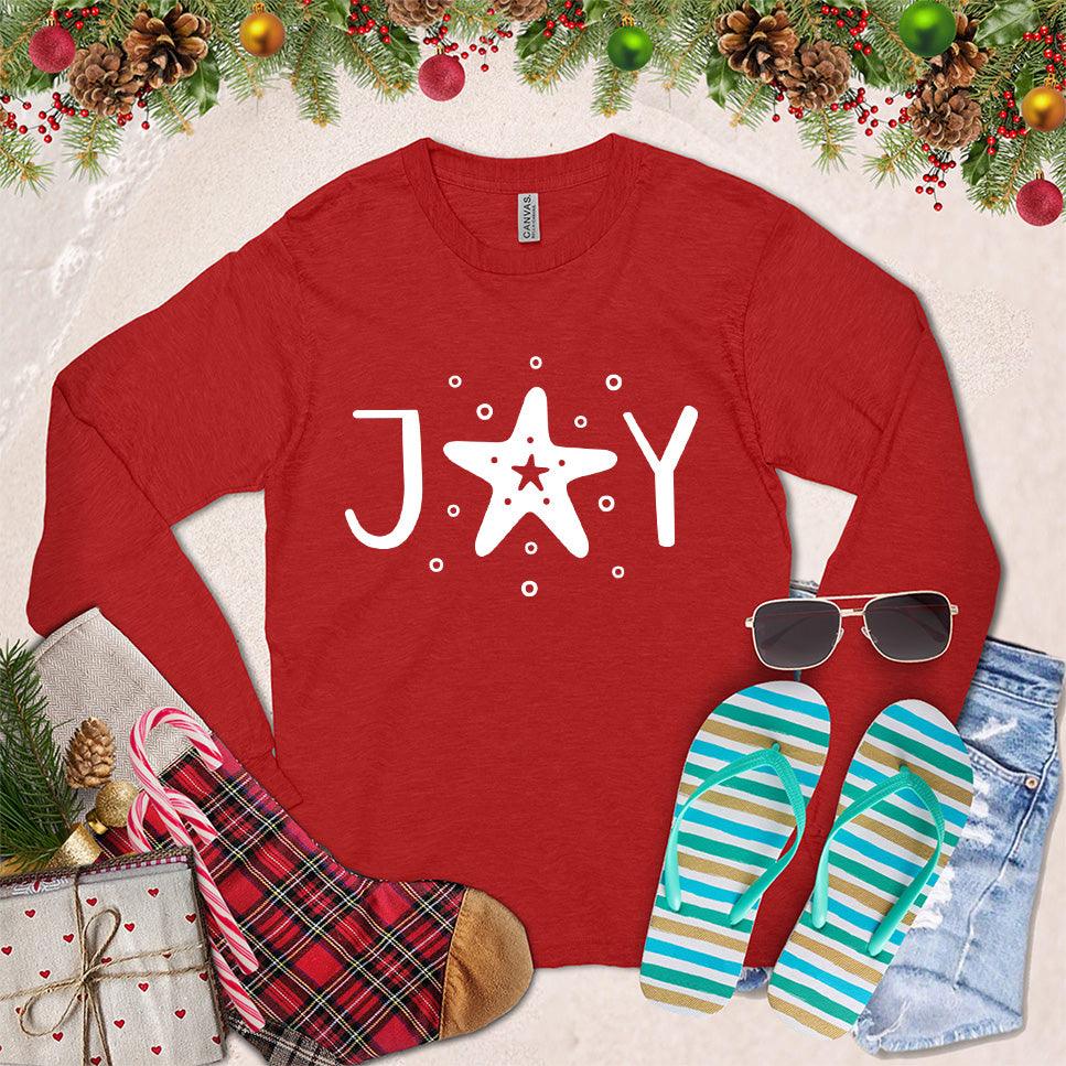 Joy Long Sleeves Red - Unisex long sleeve shirt with joyful typography design, ideal for casual or layered looks.