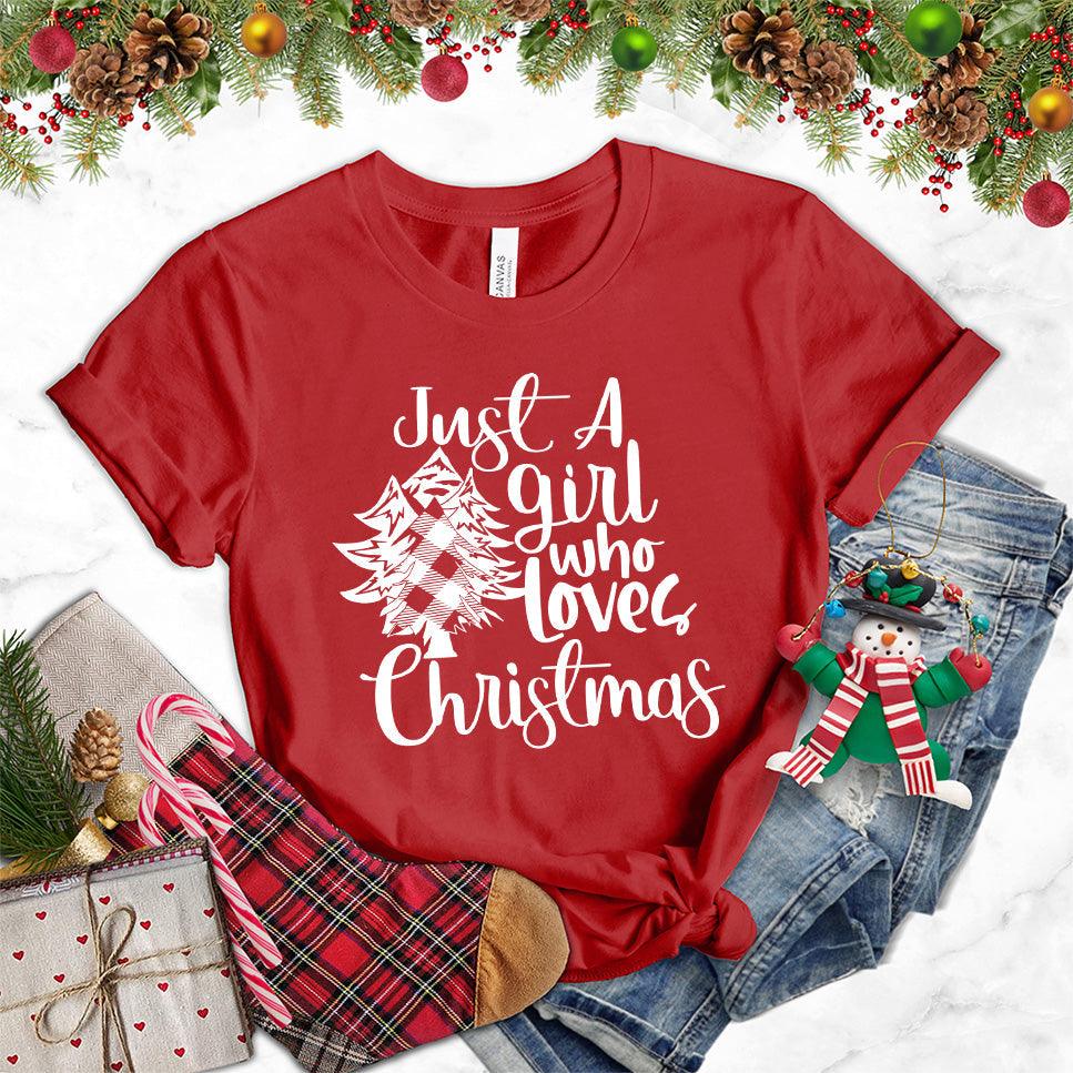 Just A Girl Who Loves Christmas T-Shirt Canvas Red - Festive women's holiday shirt with 'Just A Girl Who Loves Christmas' design