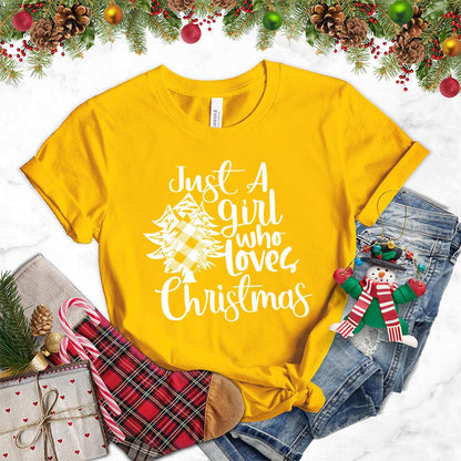 Just A Girl Who Loves Christmas T-Shirt Gold - Festive women's holiday shirt with 'Just A Girl Who Loves Christmas' design