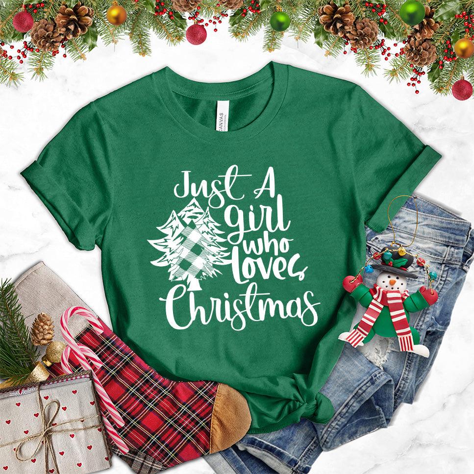 Just A Girl Who Loves Christmas T-Shirt Heather Grass Green - Festive women's holiday shirt with 'Just A Girl Who Loves Christmas' design