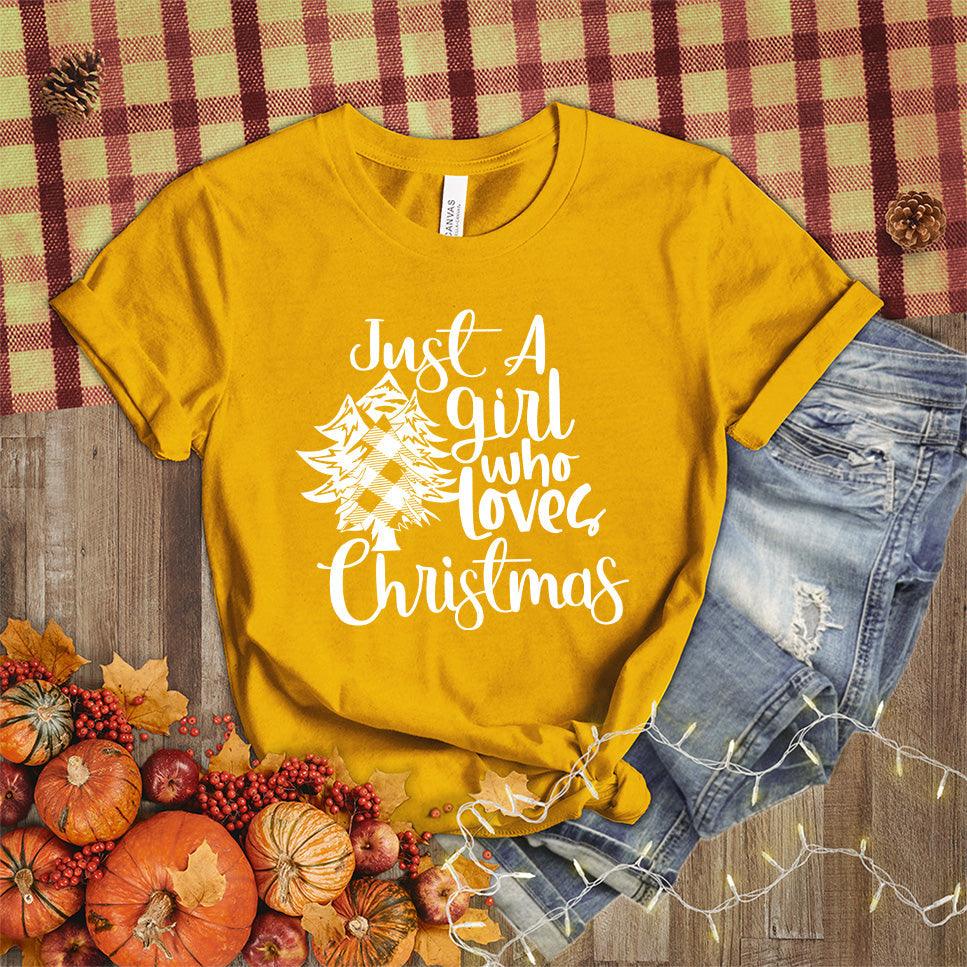 Just A Girl Who Loves Christmas T-Shirt Heather Mustard - Festive women's holiday shirt with 'Just A Girl Who Loves Christmas' design