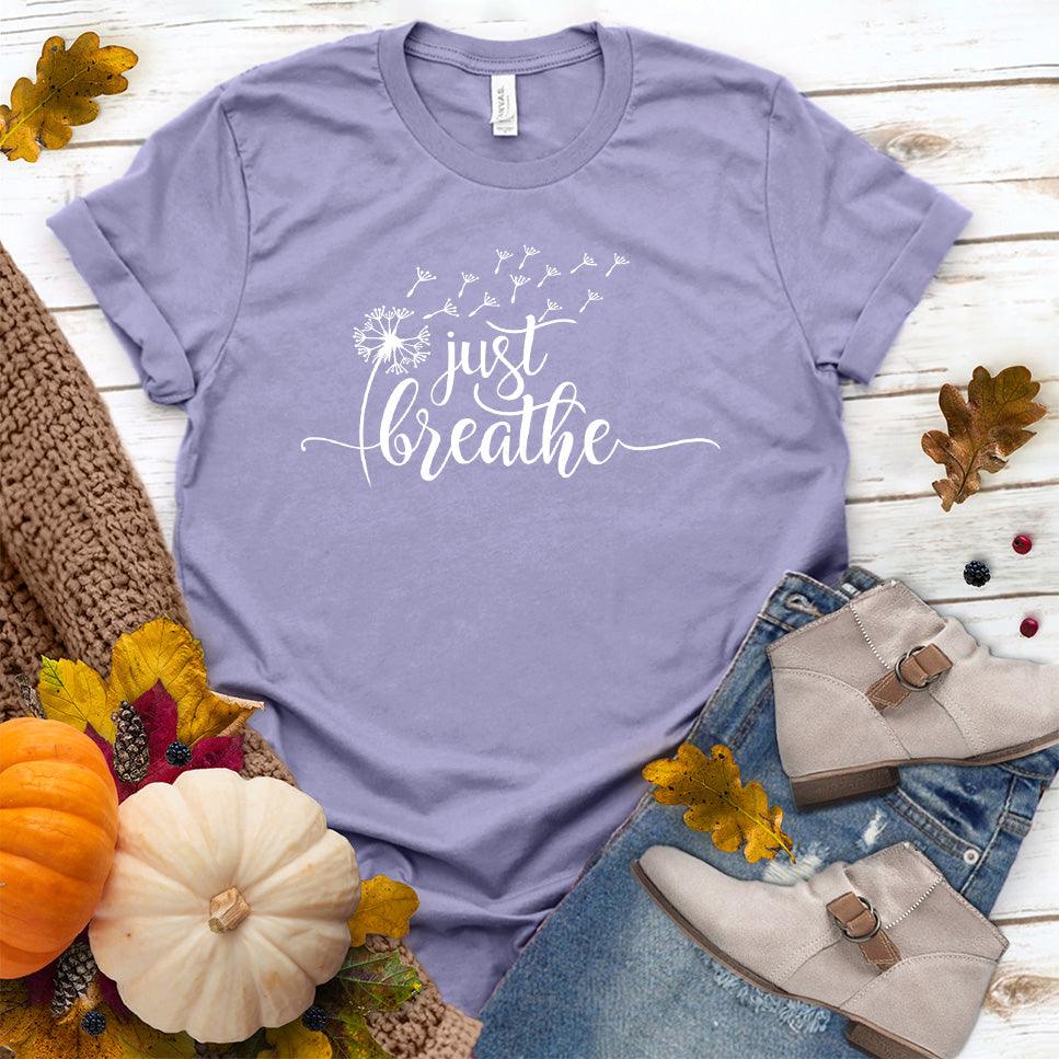 Just Breathe Slowly T-Shirt Dark Lavender - Inspirational Just Breathe Slowly T-shirt with dandelion design perfect for relaxed styling.