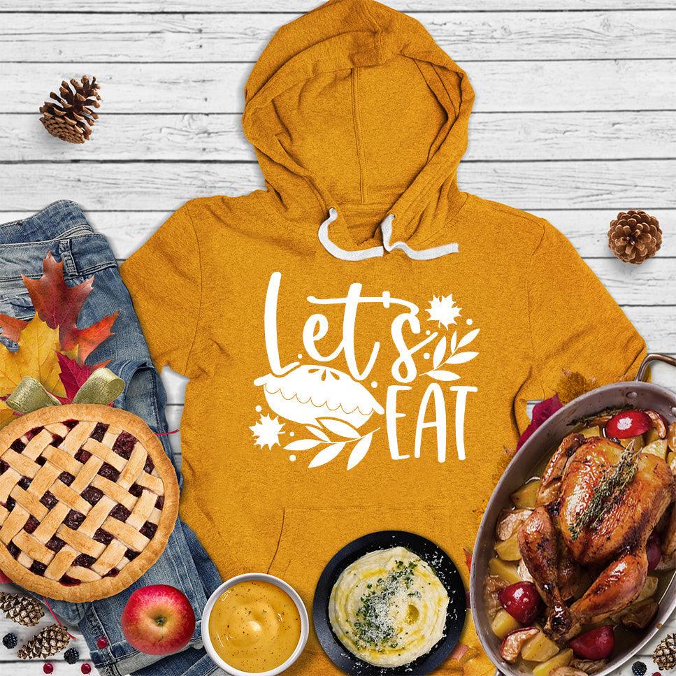 Let's Eat Pie Hoodie Heather Mustard - Illustrated Let's Eat Pie design on hoodie with leaf motifs for food-loving fashionistas
